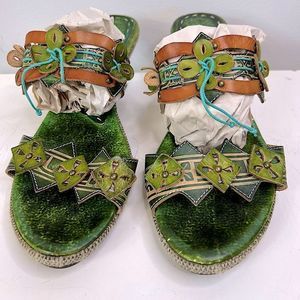 Spring Step Sandals Savory Green Leather Multi Slides Boho Retro Dress